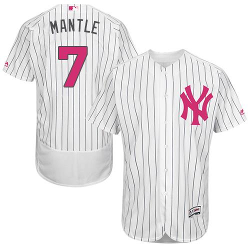 Yankees #7 Mickey Mantle White Strip Flexbase Authentic Collection Mother's Day Stitched MLB Jersey - Click Image to Close